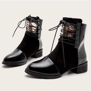 Suede and Patent leather Tie Up Boots